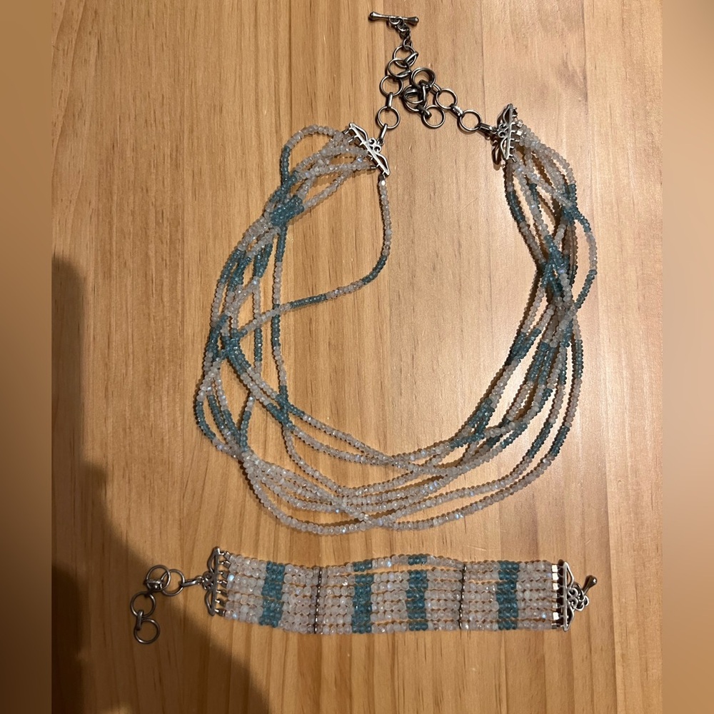 Multi-Strand Moonstone & Blue Apatite Beaded Necklace + Matching Bracelet Set